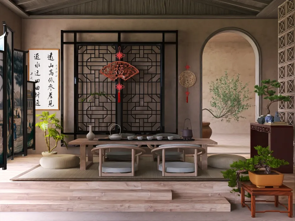 Traditional tea room interior design featuring a wooden table, seating cushions, and decorative wall panels in a serene atmosphere, utilizing Homestyler's real-time 3D rendering for an immersive visual experience.