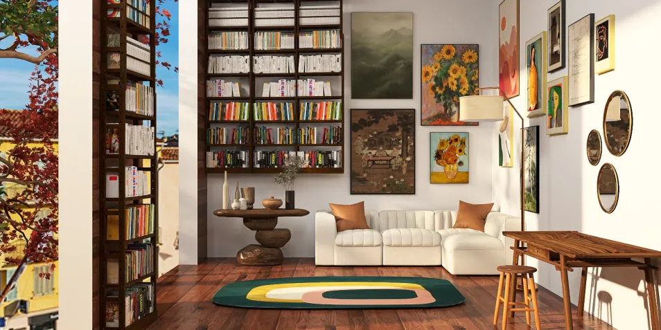 cozy living room design featuring a modern sofa and bookshelves arranged in a contemporary style, showcasing the interior decor with a focus on functionality; utilizing Homestyler's real-time 3D rendering feature for instant visual previews.