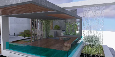 modern outdoor living space with integrated water feature showcasing an innovative design style using Homestyler's real-time 3D rendering functionality for interior decor visualization