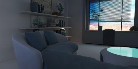 modern living room design featuring a comfortable curved couch and a stylish coffee table, showcasing an open space with a serene ocean view through large windows, utilizing Homestyler's real-time 3D rendering feature for an immersive interior decor experience.