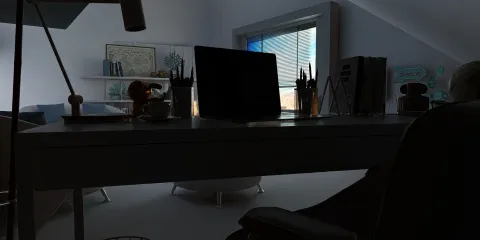 modern desk setup with computer and stationery arranged neatly in a bright home office space, showcasing interior design using Homestyler's real-time 3D rendering feature for a detailed preview.