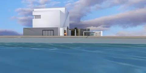 Modern architectural design featuring a white house overlooking a swimming pool, showcasing clean lines and minimalist style, emphasizing outdoor living space; utilizes Homestyler's real-time 3D rendering feature.