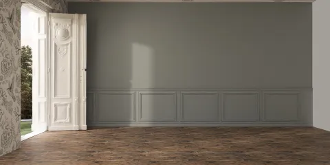 empty room with an open door showcasing a light grey wall and wooden floor, designed for modern interior decor, featuring Homestyler's real-time 3D rendering for quick renovation previews.