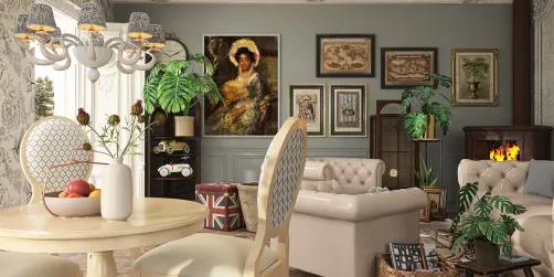A cozy living room featuring a vintage art piece and elegant furniture arrangement in a classical style, showcasing Homestyler's real-time 3D rendering for design proposal visualization.