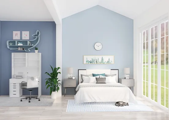 Blue and White Bedroom/Office Design Rendering