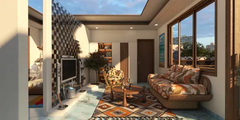 modern living room design featuring a cozy sofa arrangement with vibrant patterns, showcasing a stylish decor setup with smart furniture layout, created using Homestyler's real-time 3D rendering feature for enhanced visualization.