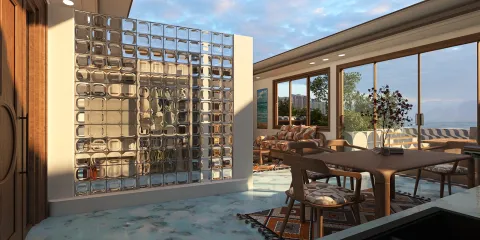 modern glass wall partition showcasing open living room design with natural light, enhancing the spacious ambiance, featuring Homestyler's real-time 3D rendering capability for accurate design previews.