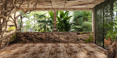 open interior space featuring natural stone walls and wooden flooring, showcasing an indoor garden style with lush greenery, utilizing Homestyler's real-time 3D rendering for design proposal display.