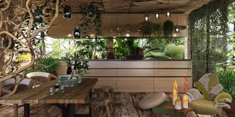 cozy kitchen with wooden accents featuring indoor plants and modern lighting, showcasing interior design styles in a homestyler visual, utilizing real-time 3D rendering for a quick design preview.