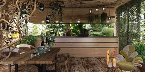 A modern kitchen with wooden cabinetry and a natural setting, showcasing smart furniture arrangement, designed with a focus on eco-friendly materials, utilizing Homestyler's 3D rendering feature to visualize the space effectively.