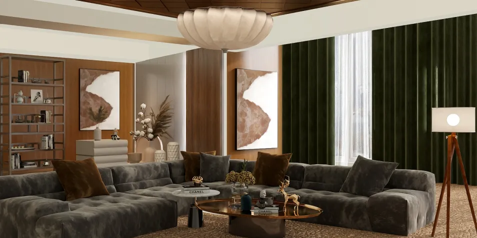 modern sectional sofa arrangement in a cozy living room with warm tones and textured decor, featuring Homestyler's real-time 3D rendering for quick design visualization.