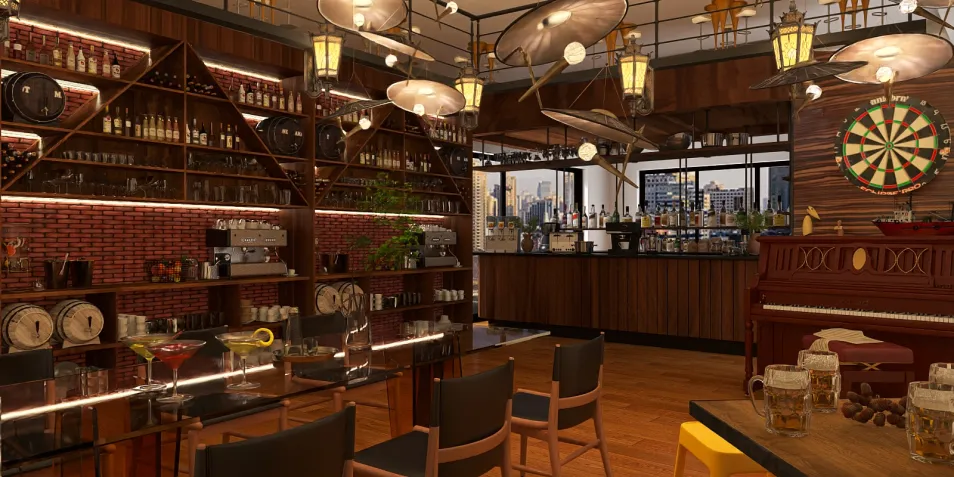 Cozy bar area featuring a rustic wood and brick design, showcasing an extensive collection of bottles and glassware, ideal for interior decor inspiration, utilizing Homestyler's real-time 3D rendering for quick design proposals.