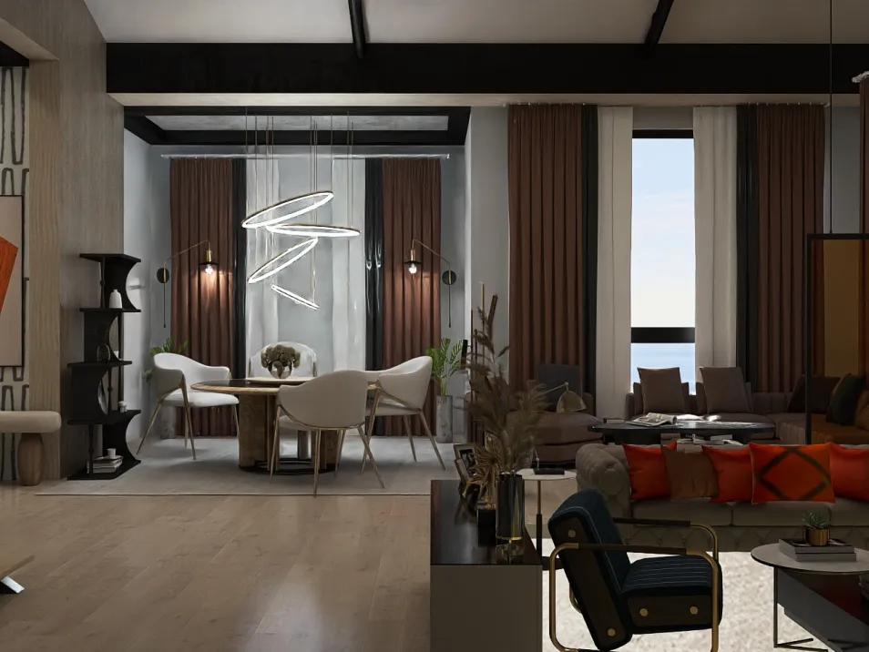modern living room showcasing furniture arrangement with a focus on interior design aesthetics, featuring Homestyler's real-time 3D rendering function for effective design proposal presentations.