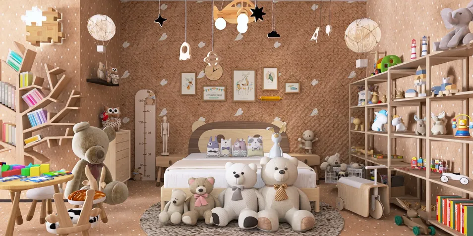 A cozy children's bedroom featuring plush teddy bears, a wooden bookshelf filled with toys, and decorative wall art. The room is designed in a playful style, showcasing a warm color palette. Utilizing Homestyler's real-time 3D rendering feature to visualize the space effectively.