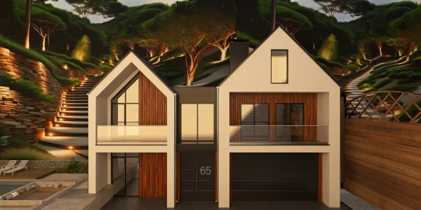 3D-rendered modern villa with wooden accents showcasing exterior design in a contemporary style, ideal for architectural visualization using Homestyler's real-time rendering feature.