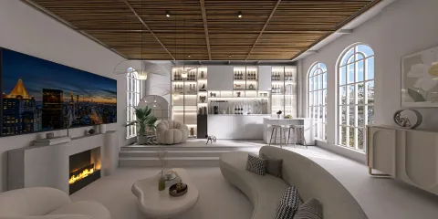 A contemporary living room featuring a curved sofa and modern fireplace, designed for open space optimization and showcasing minimalist decor aesthetics using Homestyler's real-time 3D rendering feature.