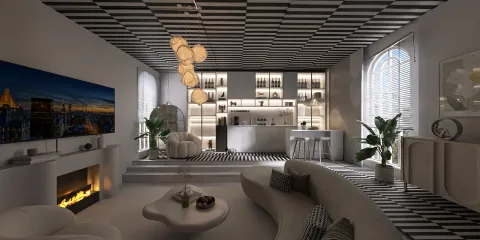 modern living room featuring stylish furniture arrangement with a sleek bar area in a monochromatic design, optimized for space efficiency using Homestyler's smart furniture layout feature