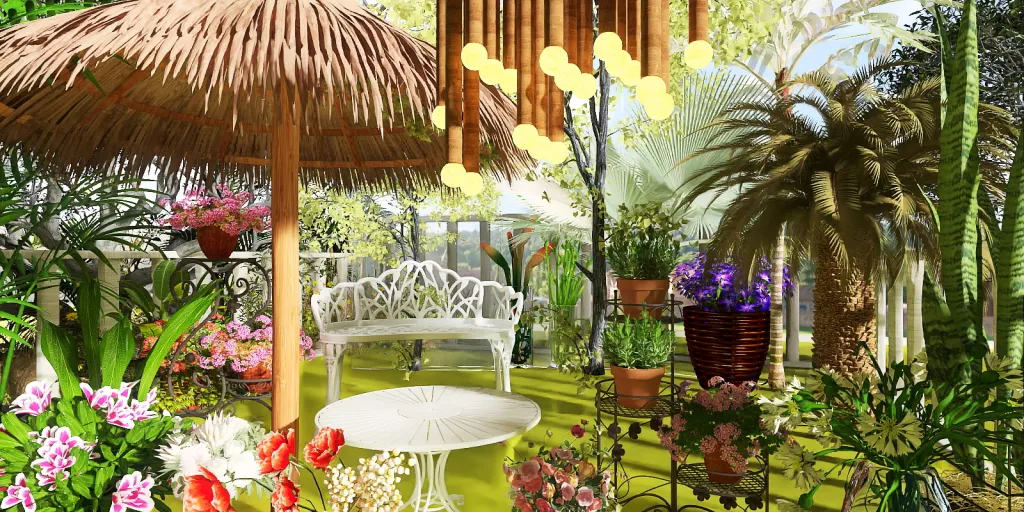 a garden area with a patio and a table with flowers 