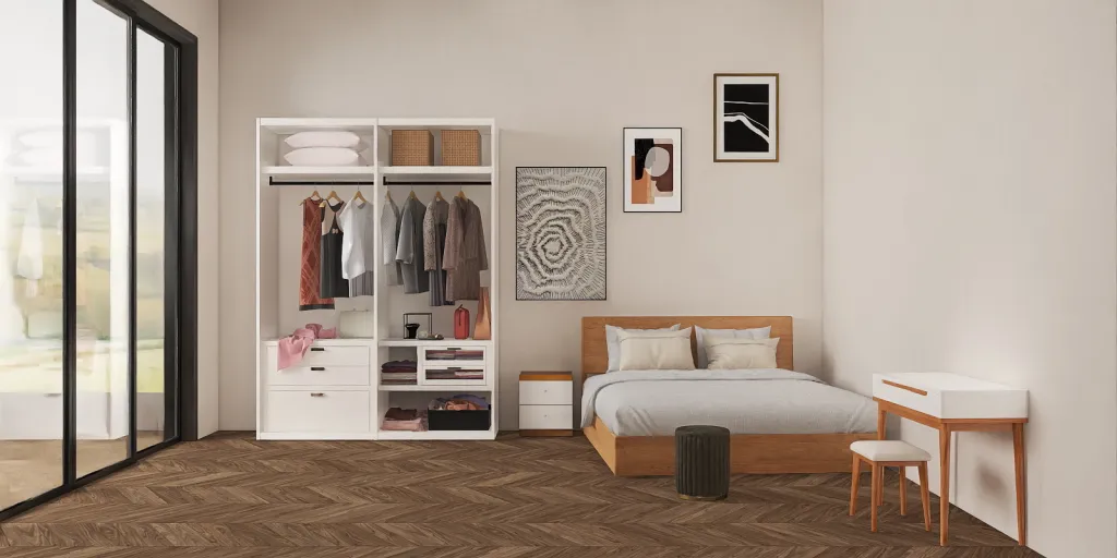 a bedroom with a bed, a dresser, and a mirror 