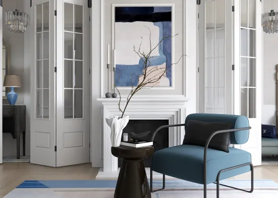 White&Blue Living Room Design Rendering
