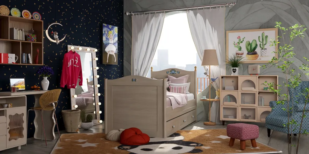 a room with a bed, a dresser, a shelf and a shelf with a doll 