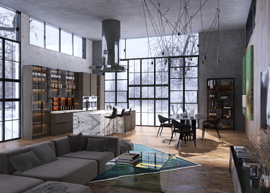 Big living room with kitchen  Design Rendering