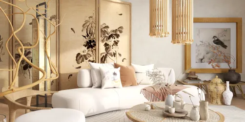 living room with elegant decor featuring a white sofa, artwork, and bamboo elements, designed using Homestyler's real-time 3D rendering for a modern interior design look.