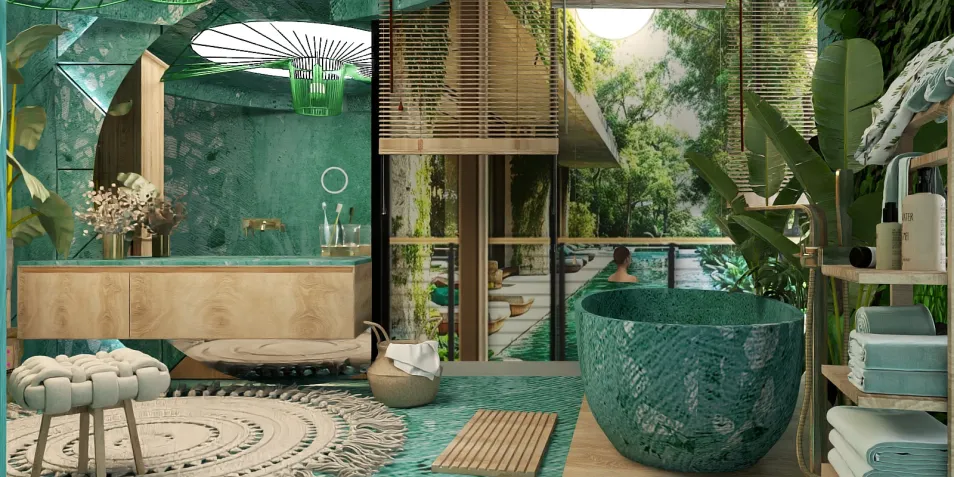 luxurious bathroom with a freestanding green tub incorporating lush plants and wooden elements, embracing a natural aesthetic, showcasing Homestyler's real-time 3D rendering feature