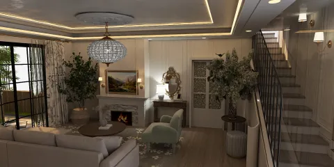 living room with luxurious furnishings featuring a cozy fireplace and elegant decor style, showcasing interior design inspiration with Homestyler's real-time 3D rendering function