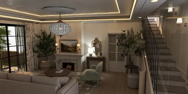 living room with luxurious furnishings featuring a cozy fireplace and elegant decor style, showcasing interior design inspiration with Homestyler's real-time 3D rendering function