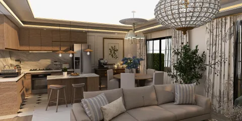spacious living room featuring an open kitchen layout and elegant decor with modern furniture arranging for optimal space utilization, showcasing Homestyler's real-time 3D rendering for interior design.