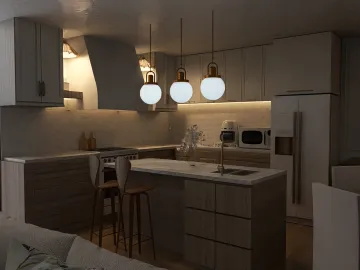 Modern kitchen design featuring a spacious layout with smart furniture arrangement, utilizing Homestyler's real-time 3D rendering for enhanced visualization, creating a cozy atmosphere.