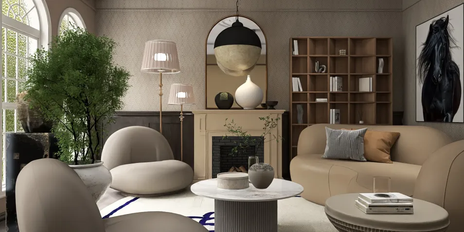 modern living room design featuring minimalist furniture arrangement in a cozy space with warm tones, showcasing a stylish interior decor with a focus on furniture placement using Homestyler's smart furniture arrangement feature.