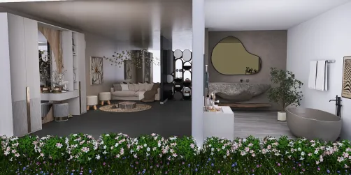 A living room with attached washroom.