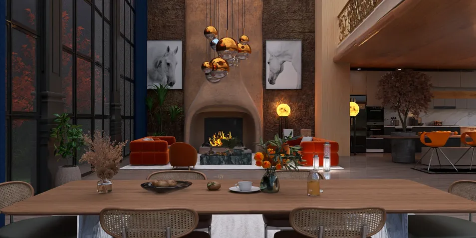 Dining area showcasing modern table arrangement with an elegant chandelier, featuring a cozy fireplace design and contemporary decor elements, enhancing the interior ambiance in a spacious living room setting with Homestyler's real-time 3D rendering.