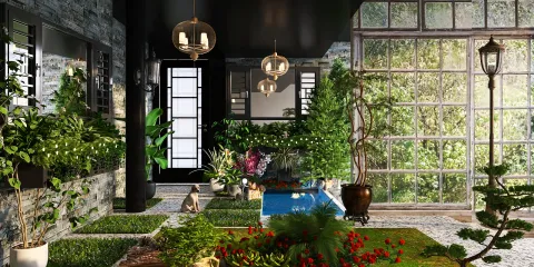 lush greenery + interior landscaping + modern style + creates a calming indoor oasis with Homestyler's real-time 3D rendering feature