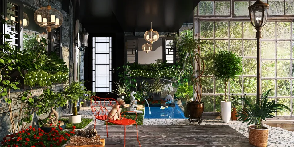 Indoor garden with vibrant plants showcasing a cozy seating area in a contemporary style, emphasizing relaxation and aesthetic appeal, featuring Homestyler's real-time 3D rendering function.