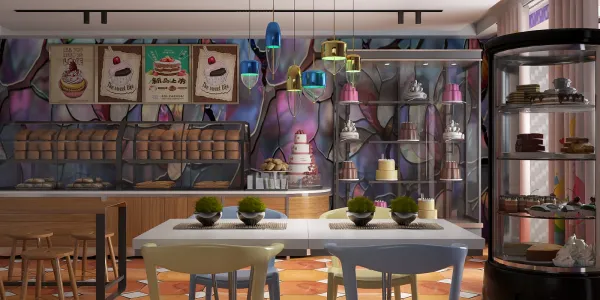 Modern kitchen interior featuring a stylish dining area with colorful chairs and a decorative glass display cabinet, showcasing an elegant dessert counter design, optimized using Homestyler's real-time 3D rendering feature.