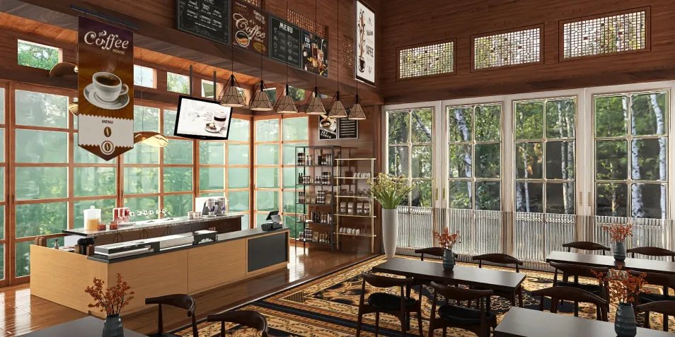 cozy coffee shop interior design featuring a modern counter and wooden accents, showcasing the aesthetic of a warm ambiance with abundant natural light, utilizing Homestyler's real-time 3D rendering capabilities