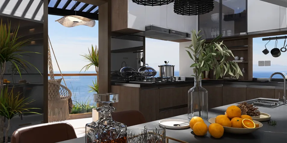modern kitchen featuring smart furniture arrangement with a coastal view, showcasing stylish interior decor with a focus on space optimization using Homestyler's real-time 3D rendering feature.