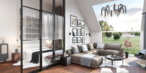 Modern living room with sectional sofa and glass partition showcasing a bedroom area, utilizing Homestyler's real-time 3D rendering for an efficient interior design preview.