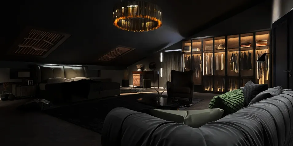 modern bedroom design featuring a cozy seating area, showcasing a luxurious atmosphere with ambient lighting, optimized for comfort and style using Homestyler's real-time 3D rendering.