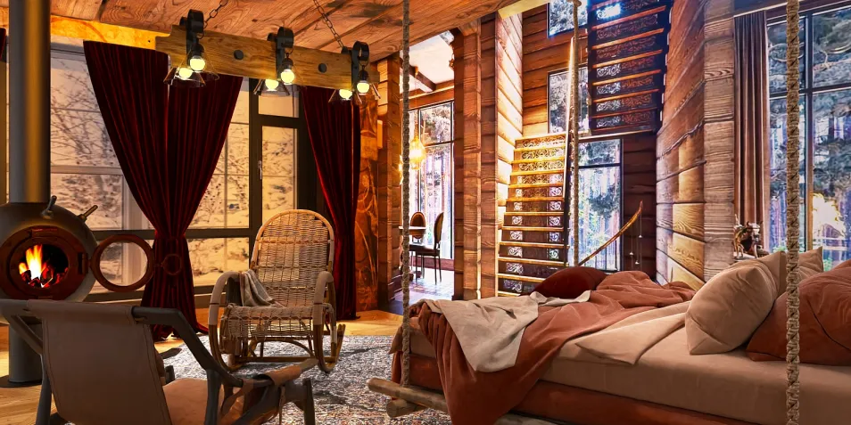 cozy bedroom with wooden accents displaying rustic design elements featuring a fireplace and plush decor, optimized for interior decor using Homestyler's real-time 3D rendering functionality.