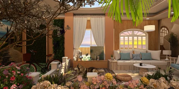 cozy living room with floral decor and natural lighting featuring smart furniture arrangement in a modern style ideal for interior design inspiration using Homestyler's real-time 3D rendering technology