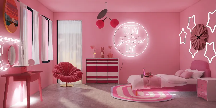a red carpeted room with a pink couch and a pink chair 