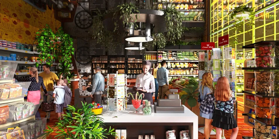 vibrant grocery store interior featuring customers shopping and interacting, displaying an eclectic design style, enhancing grocery shopping experience with Homestyler's real-time 3D rendering.
