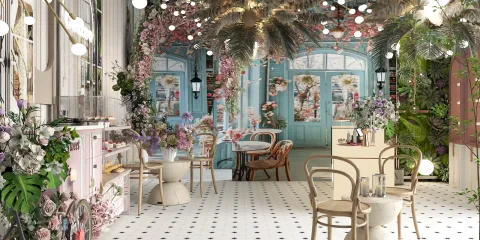 beautiful floral-themed café interior with seating and décor design using Homestyler for interior decor optimization and real-time 3D rendering.