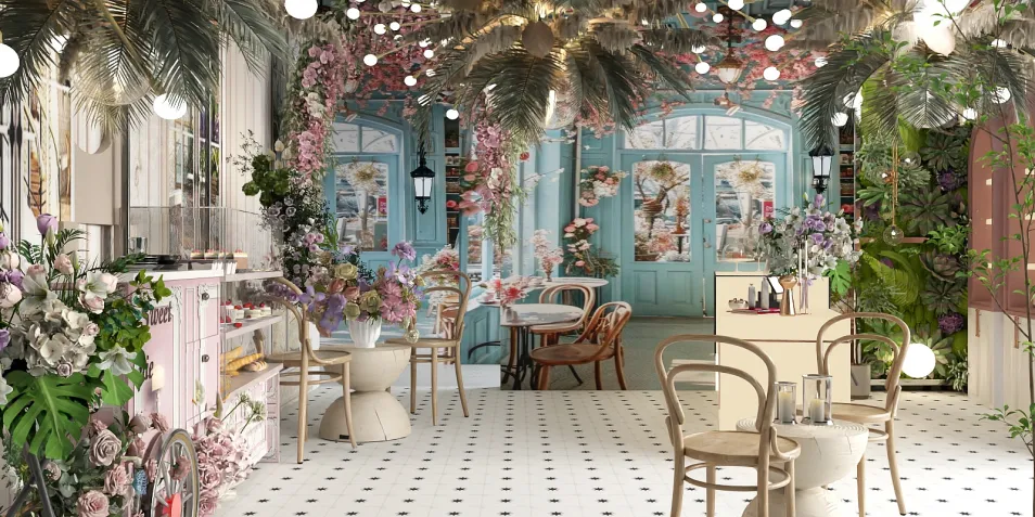pink and blue floral café interior design with outdoor seating creating a warm and inviting atmosphere, featuring real-time 3D rendering for effective design presentation.