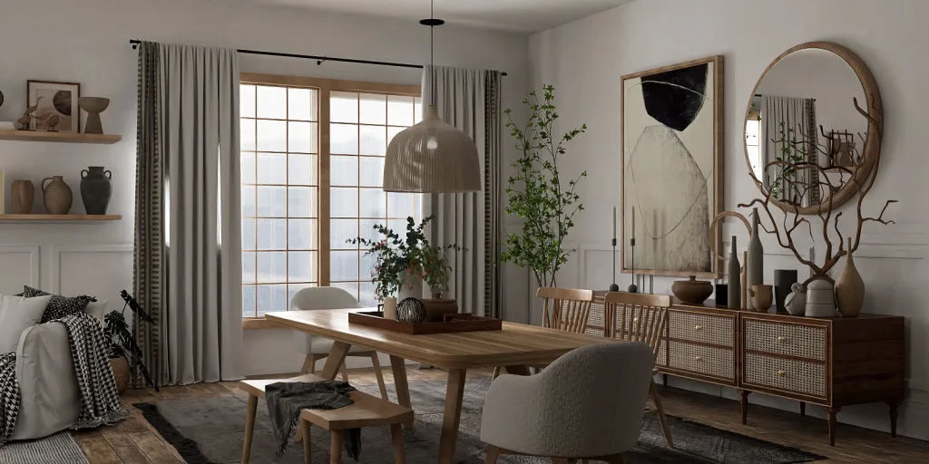 a living room with a table and chairs 