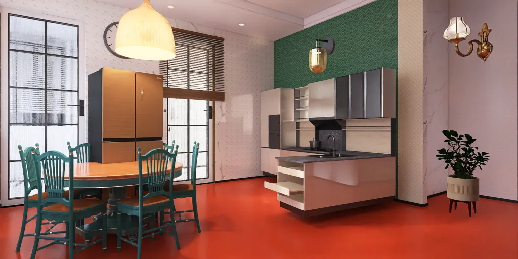 a kitchen with a table, chairs, and a refrigerator 